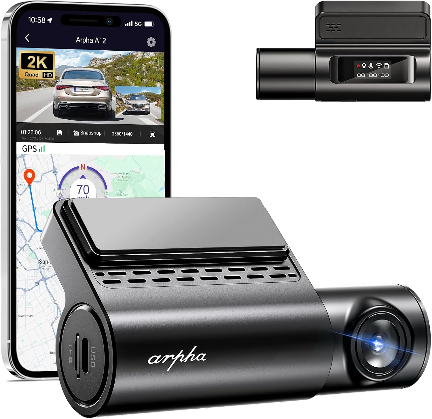 WiFi 2K Dash Cam, Voice Control Dashcam for Cars, 150\u00b0 Wide Angle, A12
