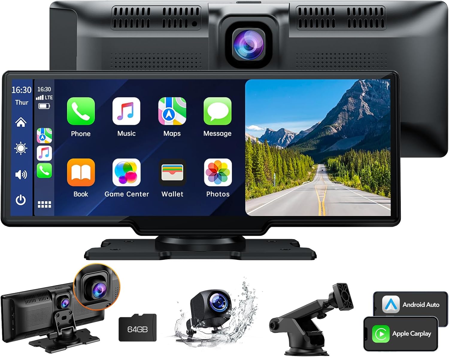 9.26'' Carplay Screen for Car with 2.5K Dash Cam,1080p Backup Camera, Portable Wireless CarPlay Android Auto Screen with Mirror Link, GPS Navigation, Voice Assistant, Loop Recording, FM, AUX