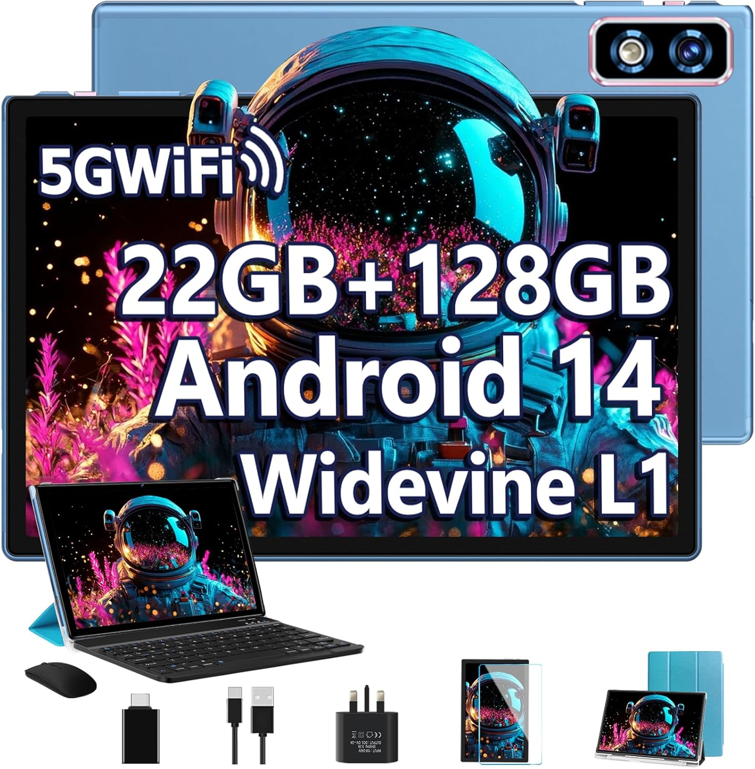 10 Inch Android 14 Tablet, 22GB RAM+128GB ROM(TF 1TB) Blue