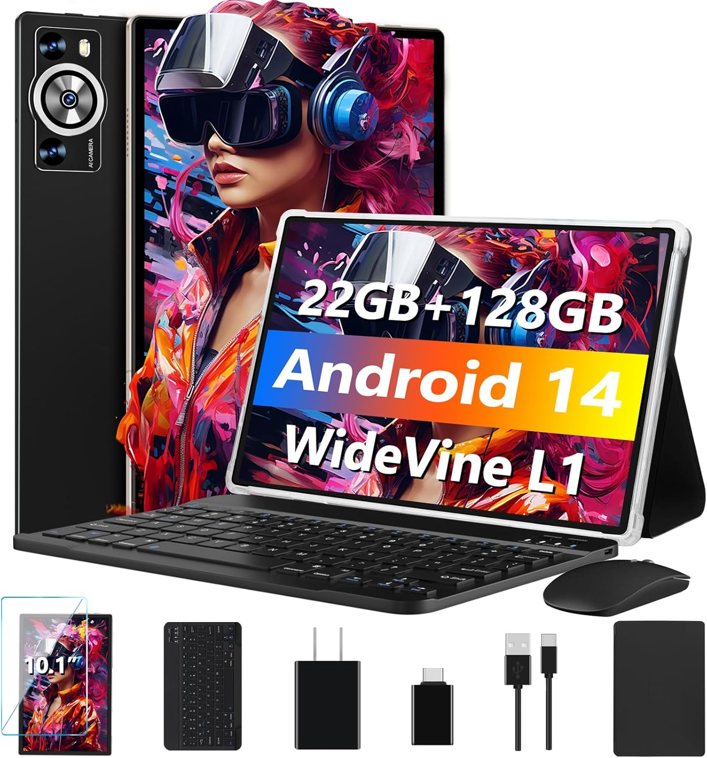 Android 14 Tablet 10.1 Inch 8000mAh Battery 22GB RAM 128GB ROM 1TB Expand- Black