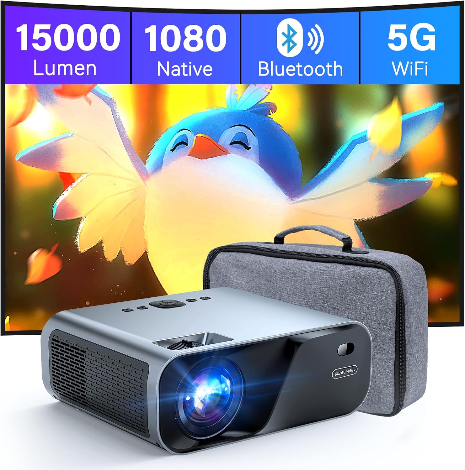1080P 4K Projector, 15000 Lumen, 5G WiFi Bluetooth Projector, Support Keystone Correction