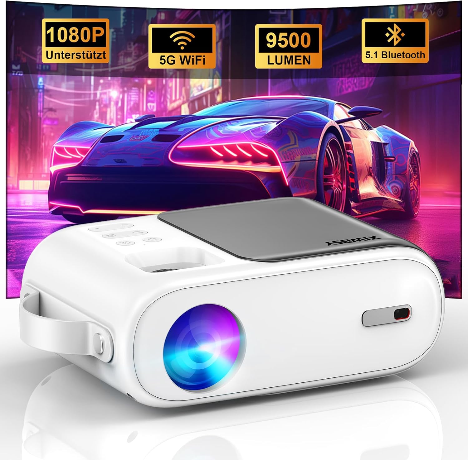 9500 Lumens Bluetooth Projector 1080P Support, 5G WiFi LED Home Cinema Portable Projector