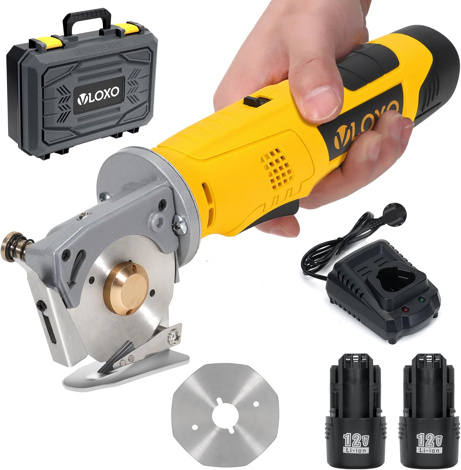 Cordless Electric Fabric Scissors, Rotary Cutter, 2 x batteries, 25mm Max Cutting Thickness, Fabric Cutter for Carpet, Leather, Felt, Vloxo