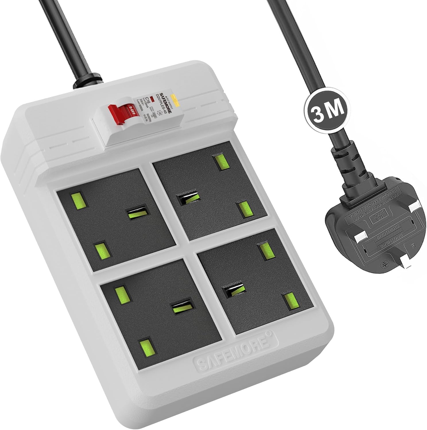 SAFEMORE RCD Extension Lead, 3m 4-gang with Type A Circuit Breaker, Heavy Duty