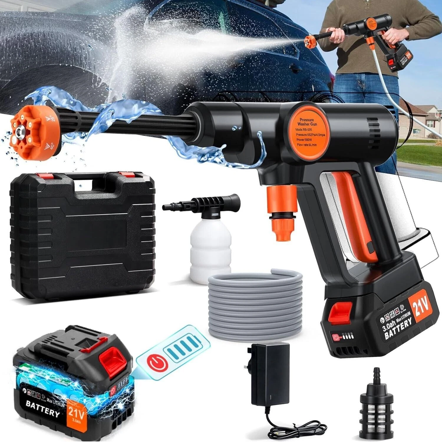 Cordless Pressure Washer, Patio Cleaner Pressure Washer Gun 652PSI with 3000mAh