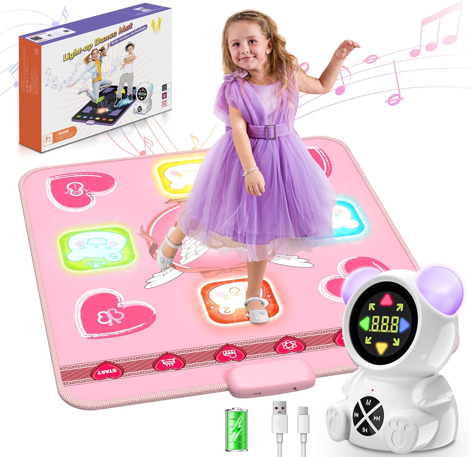 ACELUFLY Girls Dance Mat Pad, Light Up, Wireless Bluetooth, 5 Game Modes (PINK)