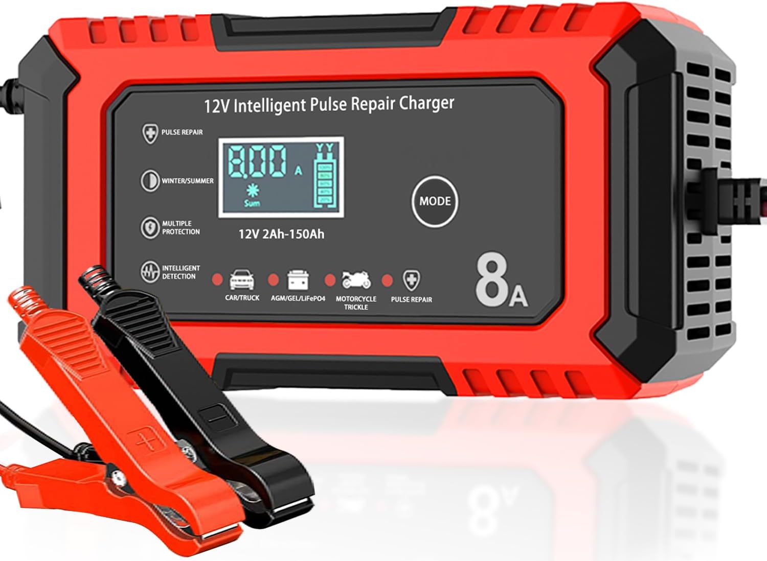 12V 8A Battery Charger for Cars, Vehicles Automatic Smart Charger Monitor Battery with LCD Screen