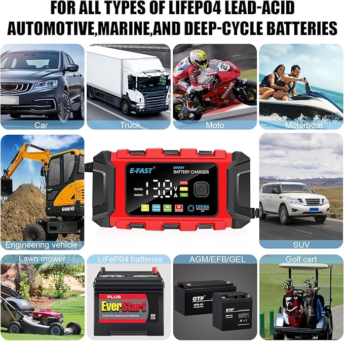 Battery Charger, 6A\/12V TK360, Automobile Trickle Charger, Color Display LED Battery Maintainer