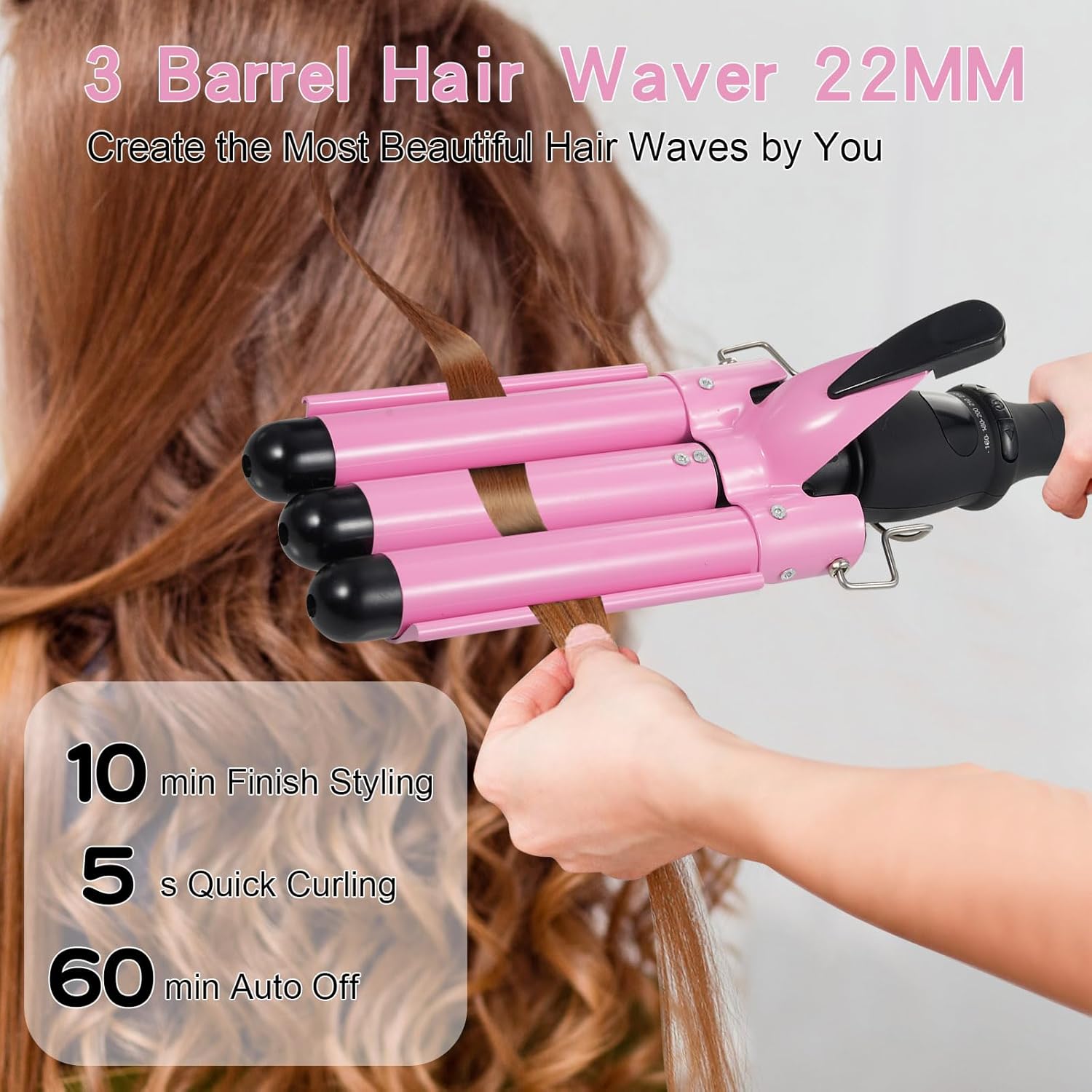 3 Barrels Hair Curler 22mm Beach Waves 60-230 \u00b0C Adjustable Temp, Mermaid Hair Waver Curling Tongs Wand, LCD Display, Wave Curlers Heat Resistant Glove, 30s Quick Heating, 60Min Auto-Off
