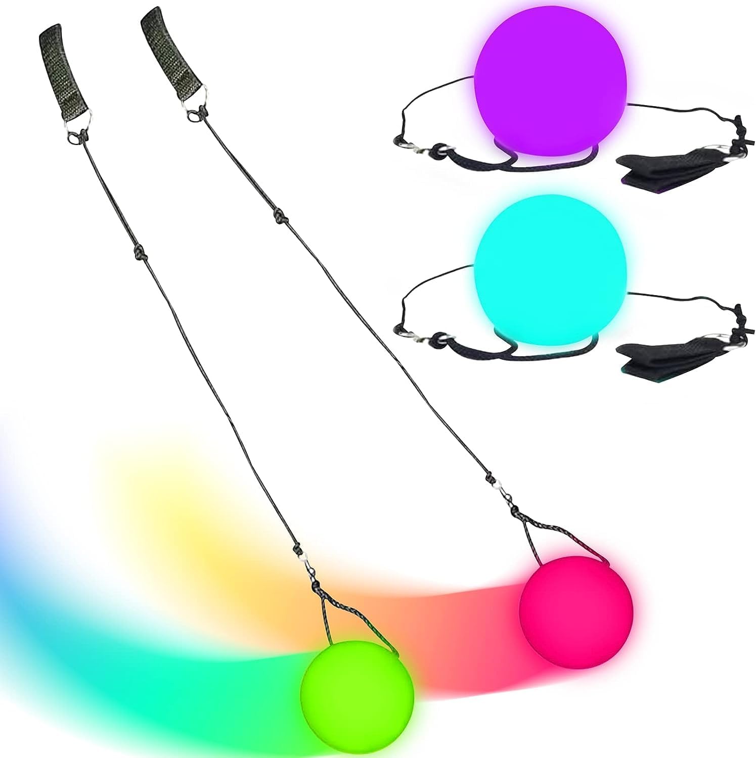 Funmo LED Poi Balls, 2 Pack Juggling Rainbow Colour Strobe Effect Glowing 70cm