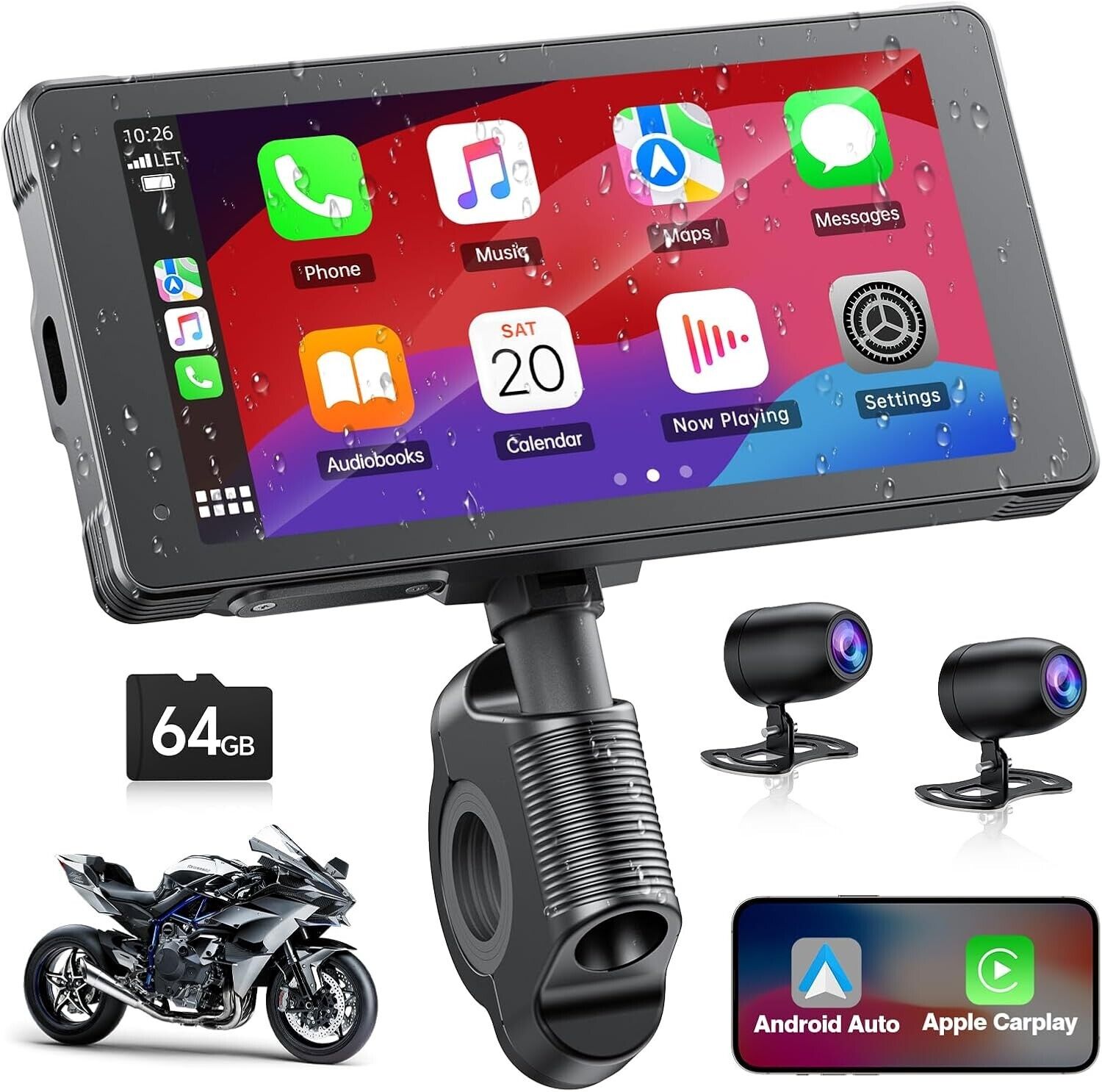 HOTPEAK Motorcycle Carplay&Android Auto Carplay Screen with Dashcam Front Rear