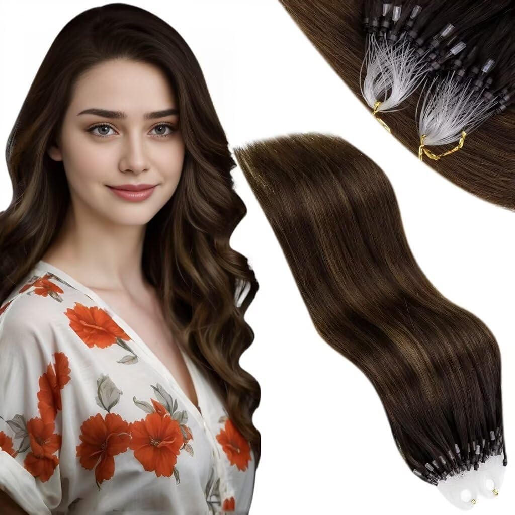 Vivien Micro Hair Extensions Real Human Hair Balayage Brown Micro Loop Human Hair Extensions Light Brown to Darkest Brown Micro Link Hair Extensions Silky Straight 50g 50s #2\/8\/2 22Inch
