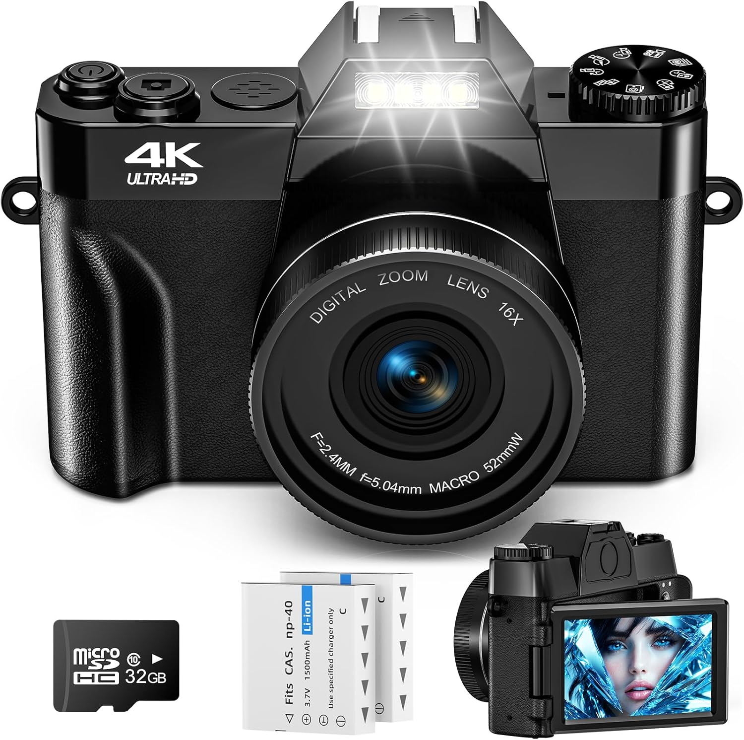 56MP 4K Digital Camera - UHD AutoFocus Vlogging Camera - 16X Digital Zoom 32G SD Card 2 1500mAh Batteries Compact Camera with 3.0 Inch 180\u00b0 Flip Screen Camera for Teenagers, Beginners,Adults