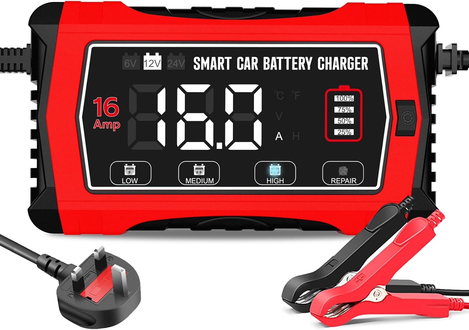 16A Car Battery Charger, 6V\/12V\/24V Battery Charger for Lead Acid(AGM\/Gel\/SLA\/EFB)