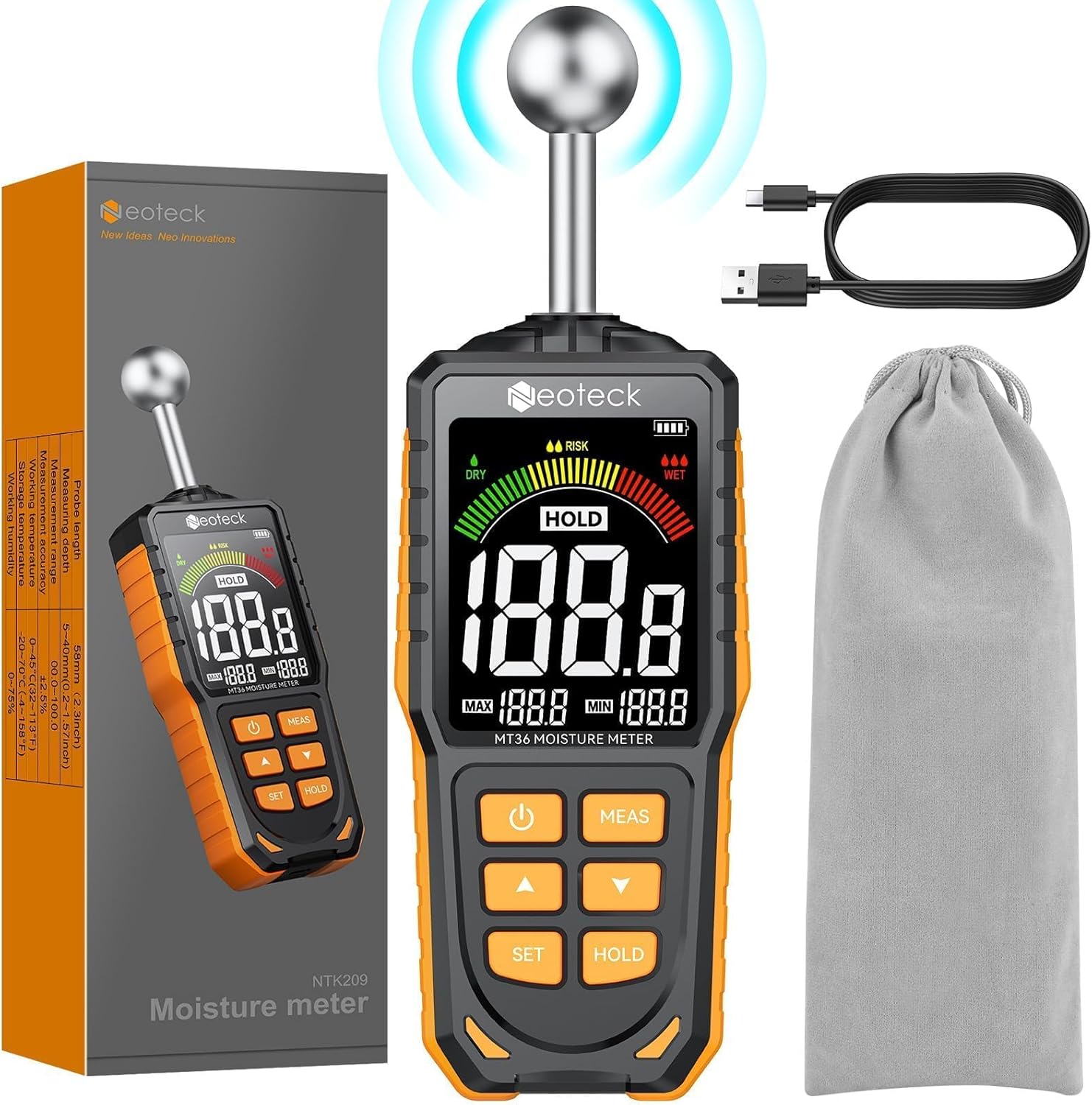 Neoteck Spherical Inductive Moisture Meter 5-40mm Analysis Depth Pinless