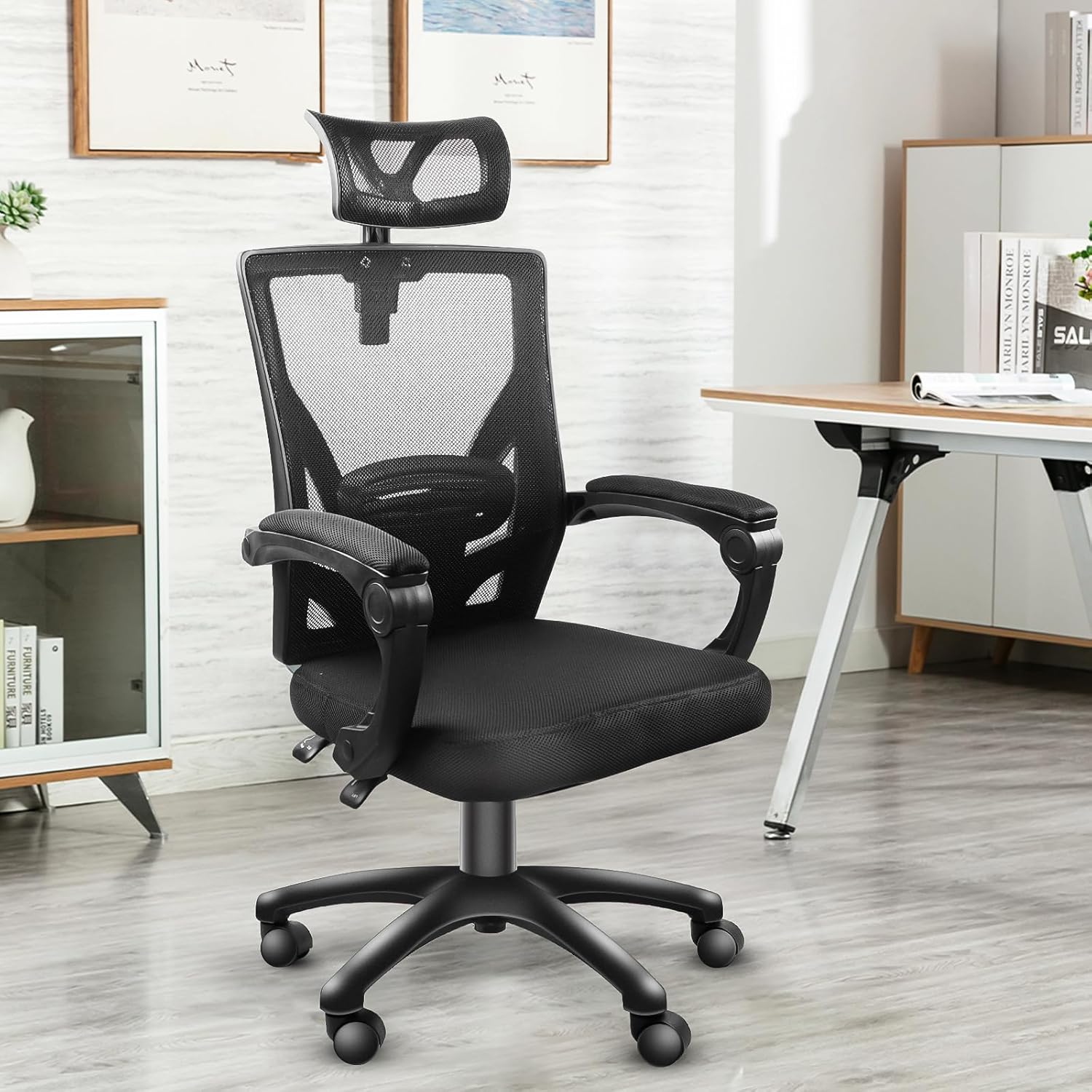 JL Comfurni Desk Chair Reclining Mesh Chair Swivel Computer Chair Ergonomic Executive High Back Office Chair with Adjustable Headrest and Height Black