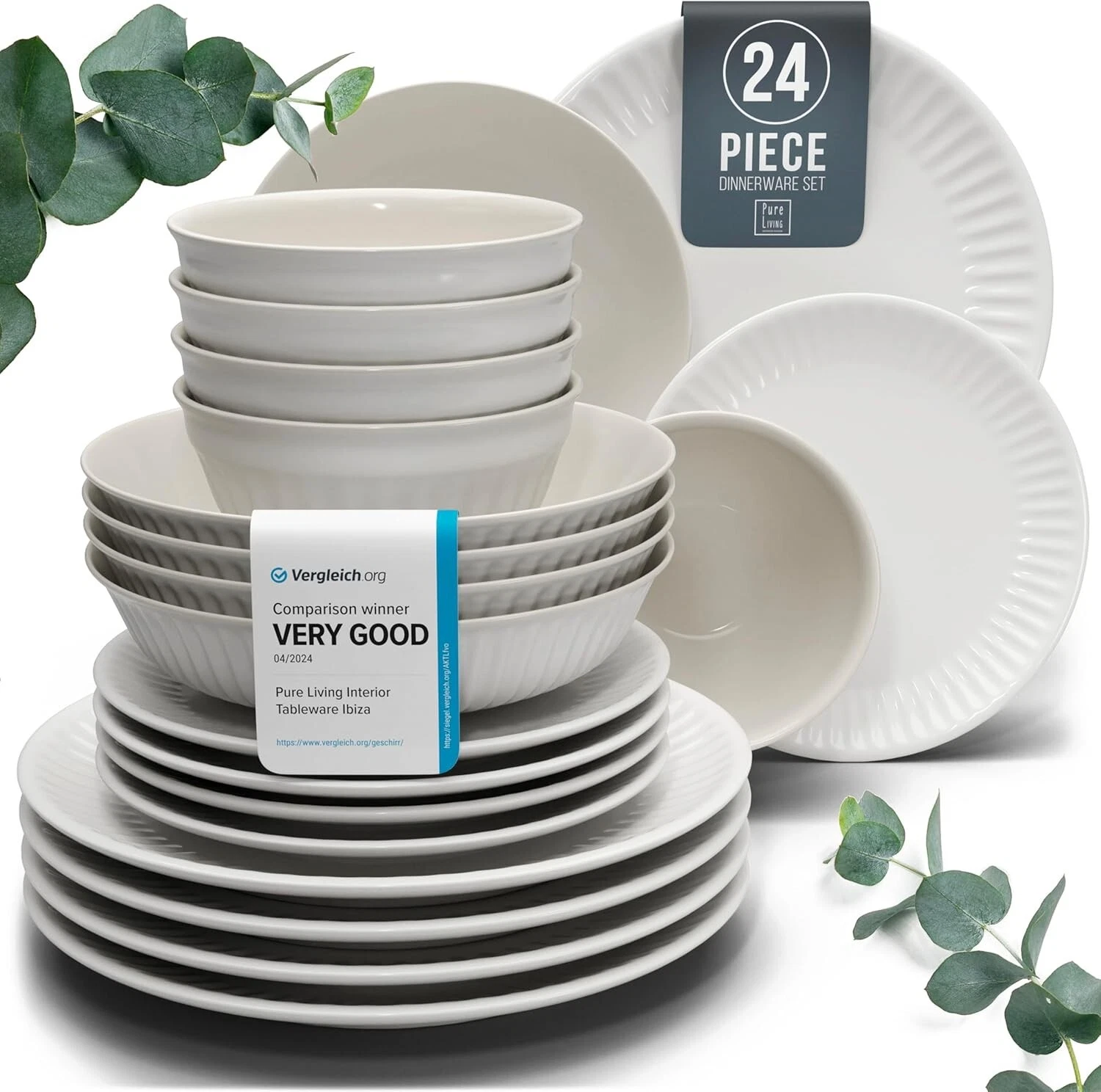 24-Piece Dinnerware Set Hygge Series - Bowl and Plate Set - Light Grey