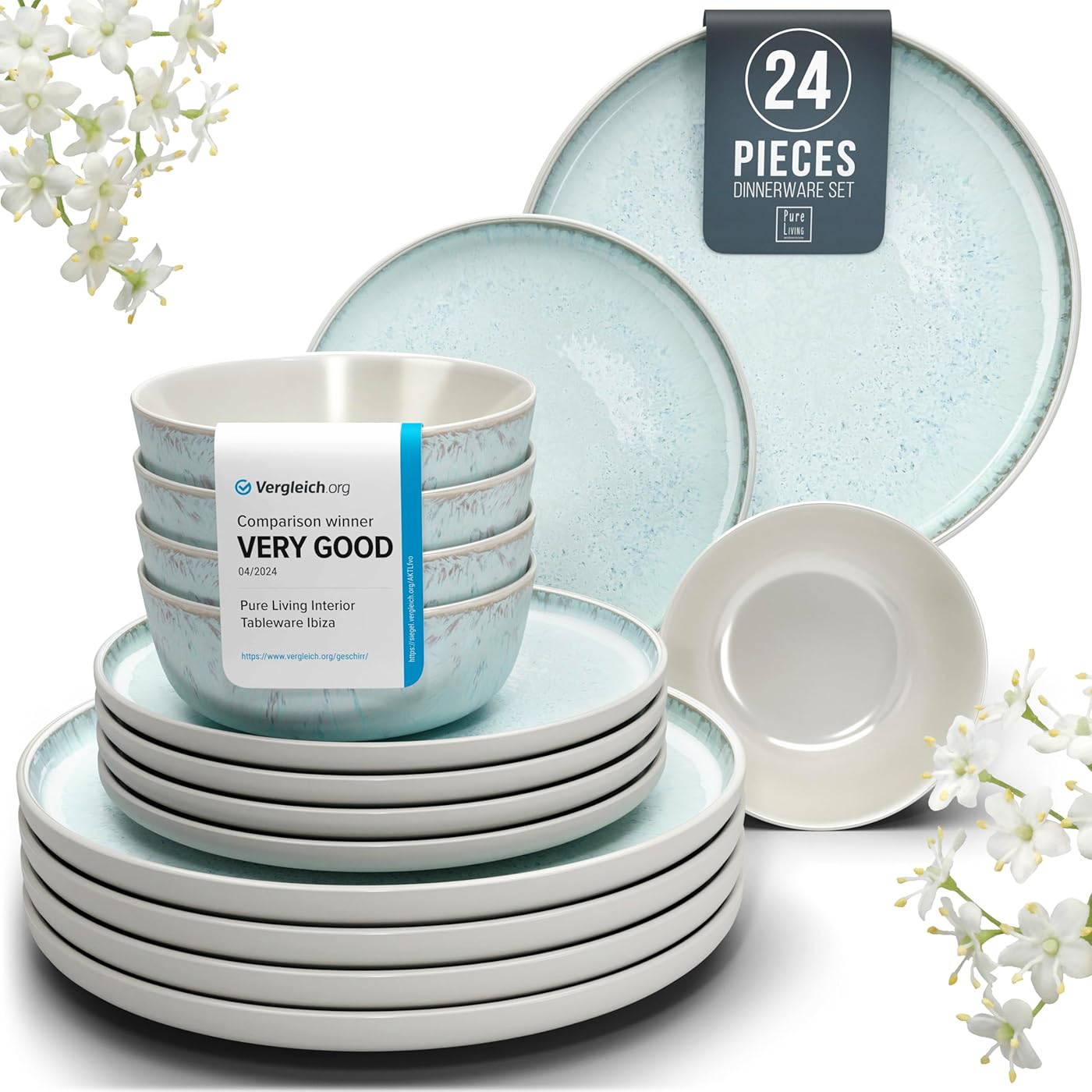 24 Piece Dinner Sets for 6 People - Beautiful Mediterranean Style Stoneware Dinner Set for 6 - Dishwasher & Microwave Safe Plates and Bowls Set for 6 - Dinnerware Sets by Pure Living in Beige-Bluen