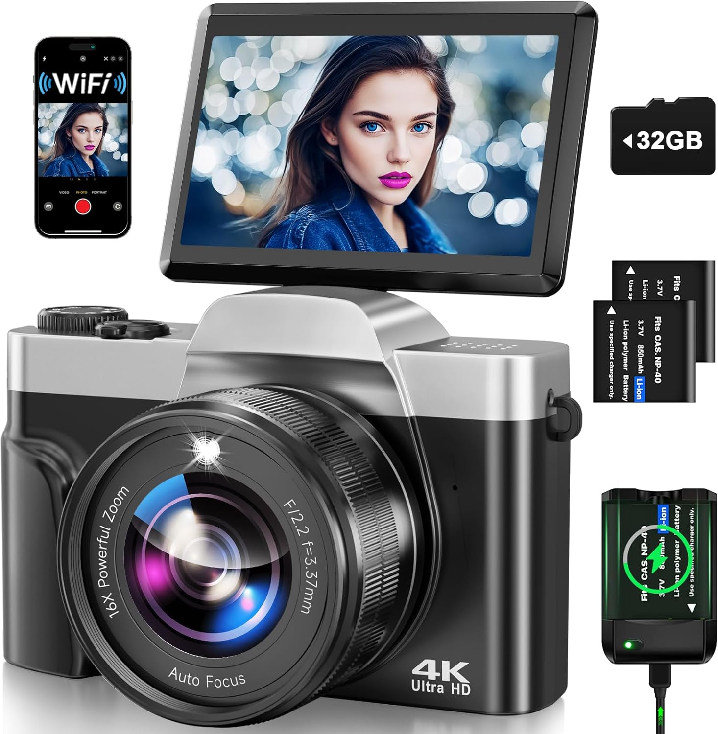 Digital Camera with WiFi, 4K 64MP Autofocus Vlogging Camera for YouTube with SD Card 3.0\" 180\u00b0 Flip Screen 16X Digital Zoom Anti-Shake Charging Station, 2 * Batteries for Teenagers, Beginners, Adults