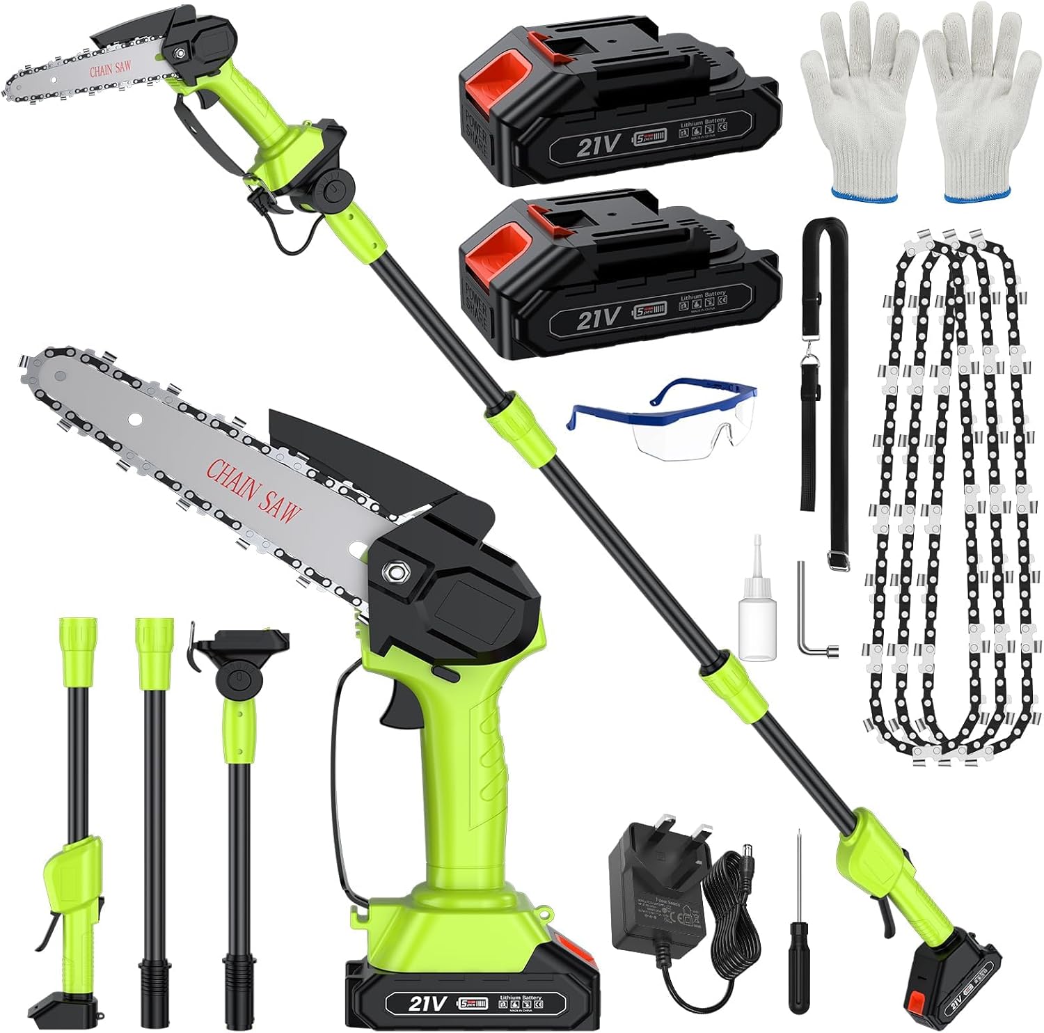 Cordless Pole Saw, 2 x 21V Batteries, 2in1 Long Reach Extension Pole Saw & 6\" Handheld Chainsaw, 90\u00b0 Adjustable Head