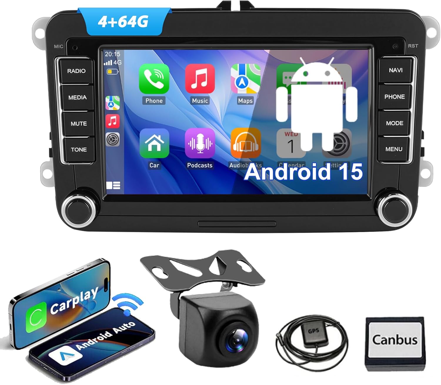CarPlay Android Wireless Car Stereo, 2Din Bluetooth Radio, 2Din Bluetooth Radio, Android 15, For VW Seat & Skoda, ESSGOO