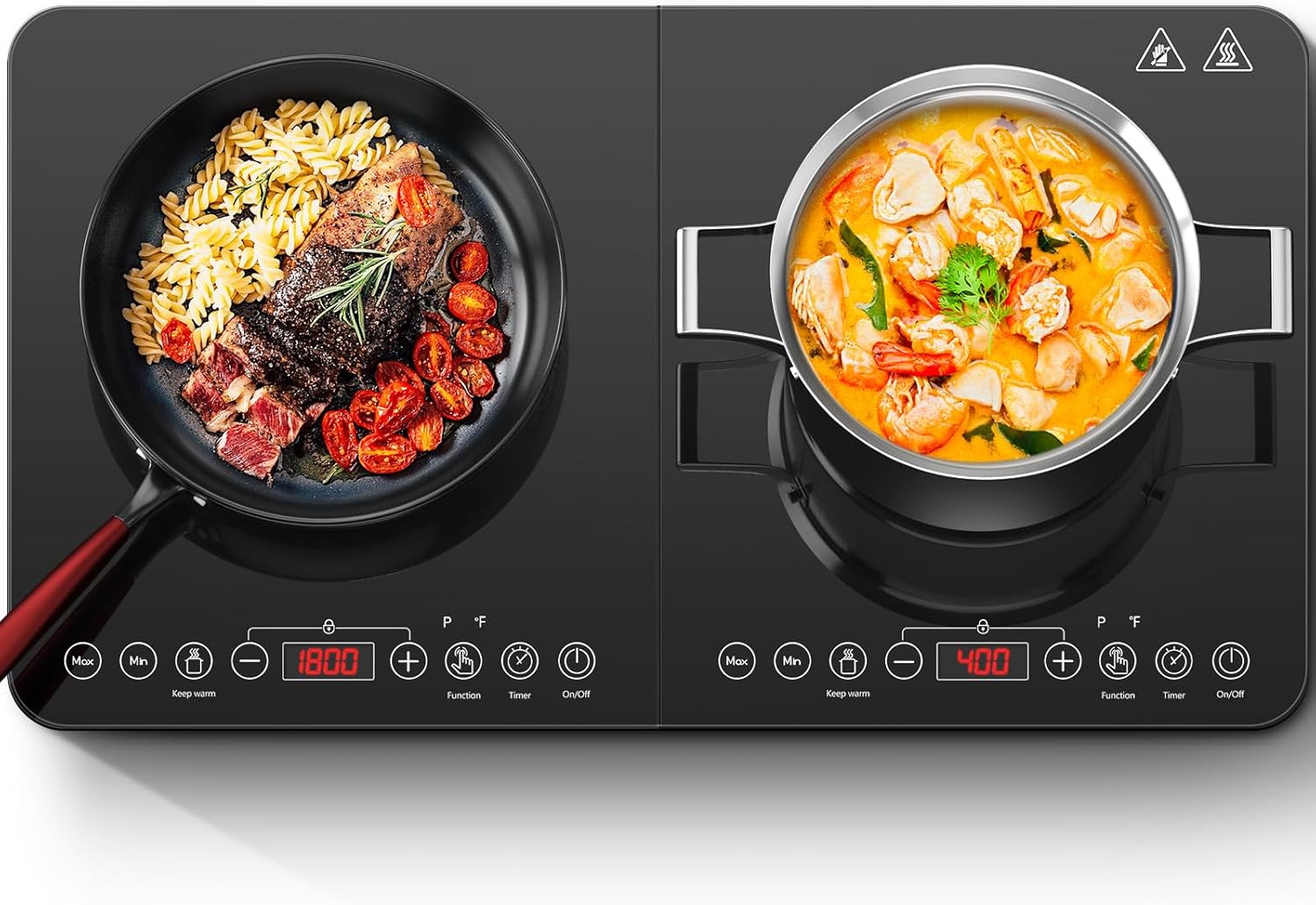 Double Induction Hob Cooker, 20 Temperature Setting, 18 Power Levels, Black Glass Panel, Timer, Safety Lock, Aobosi