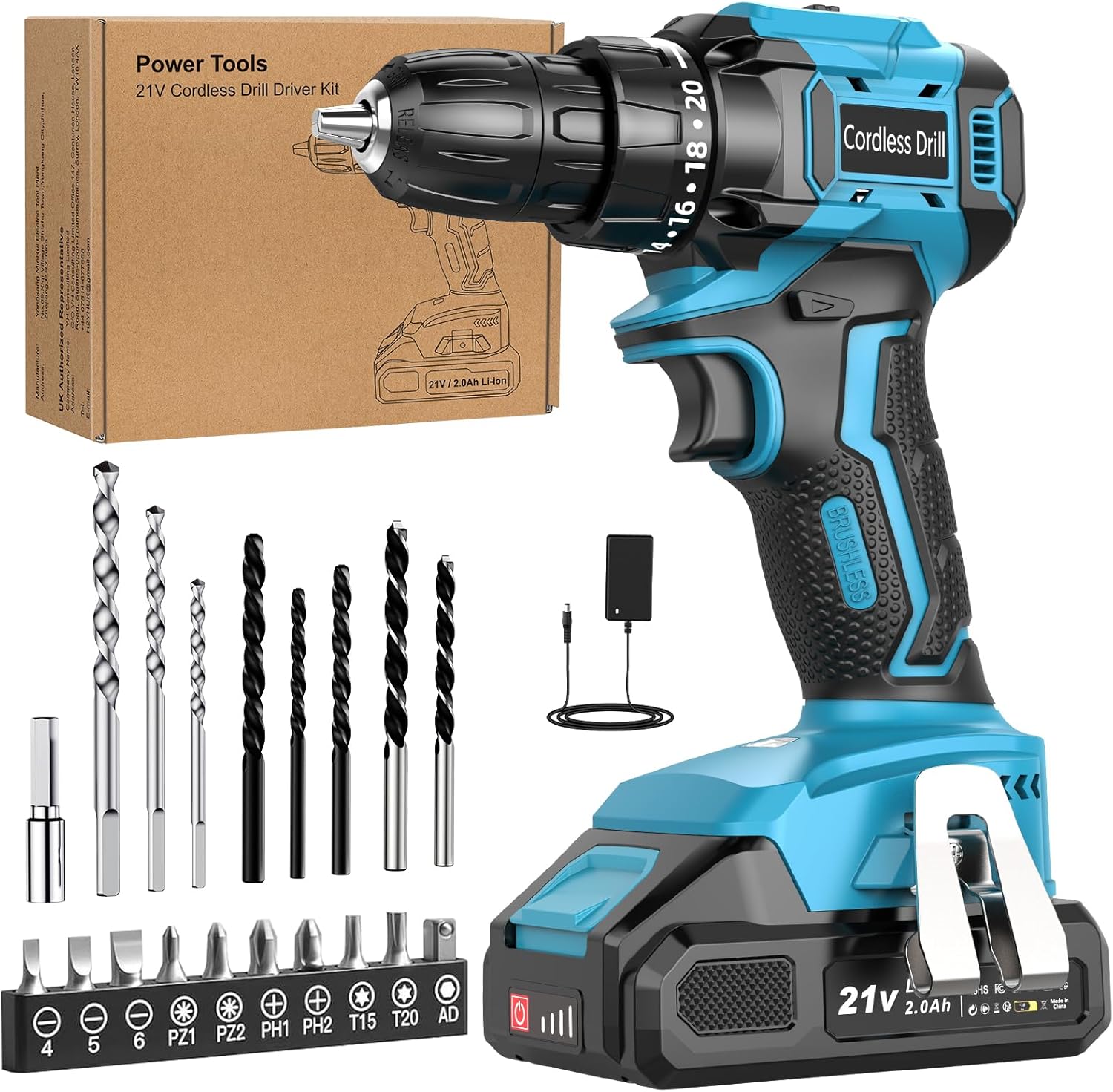 Brushless Cordless Drill Set, Power Drill 21V with 2.0Ah Battery, 2 Speed, LED Light, 21pcs Drills Set