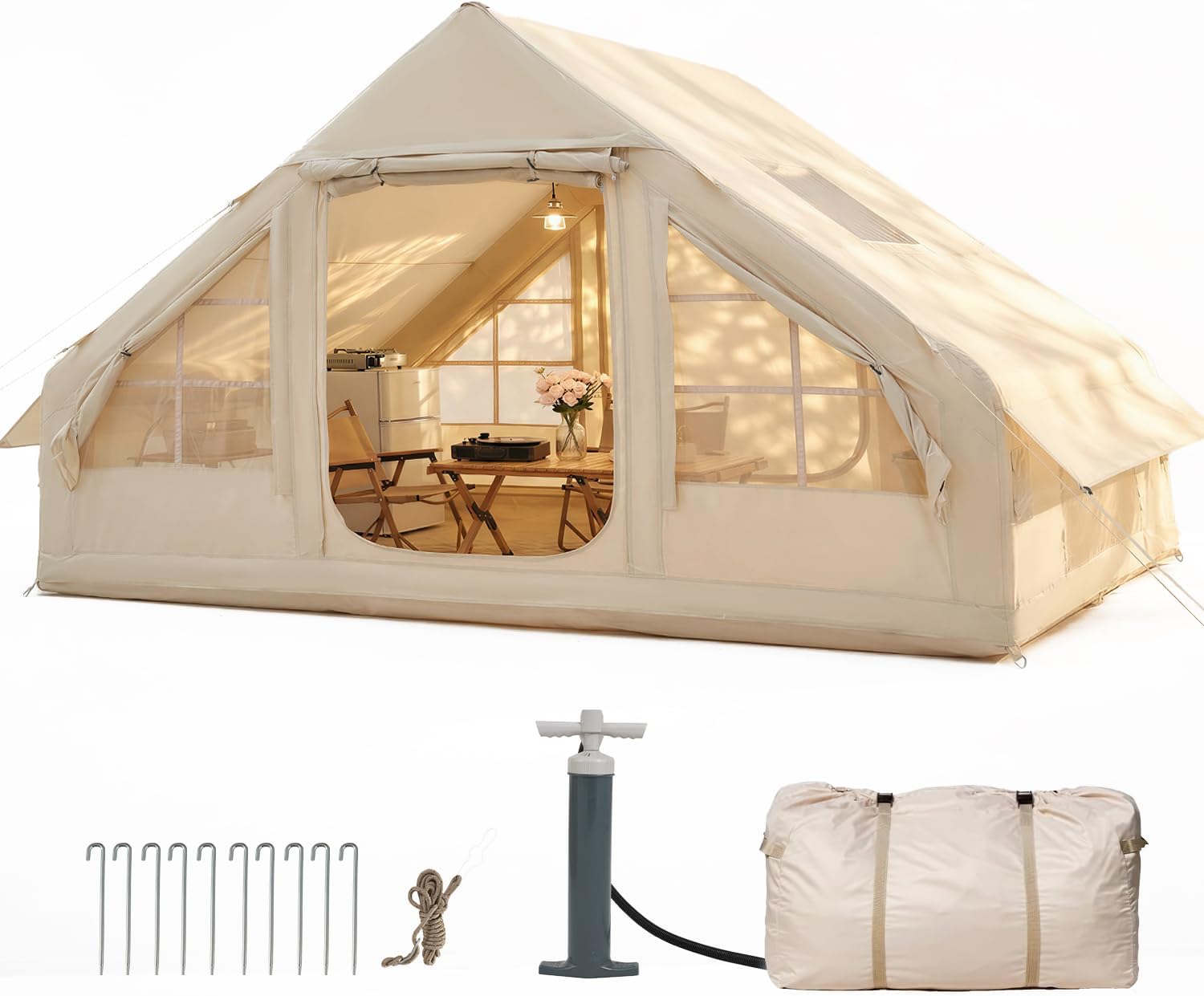 Inflatable Tent Glamping Event Shelter Gazebo, Instant Setup, Family Size for up to 8 Persons, Waterproof Windproof Outdoor Shelter with UV Protection, Lightweight Portable