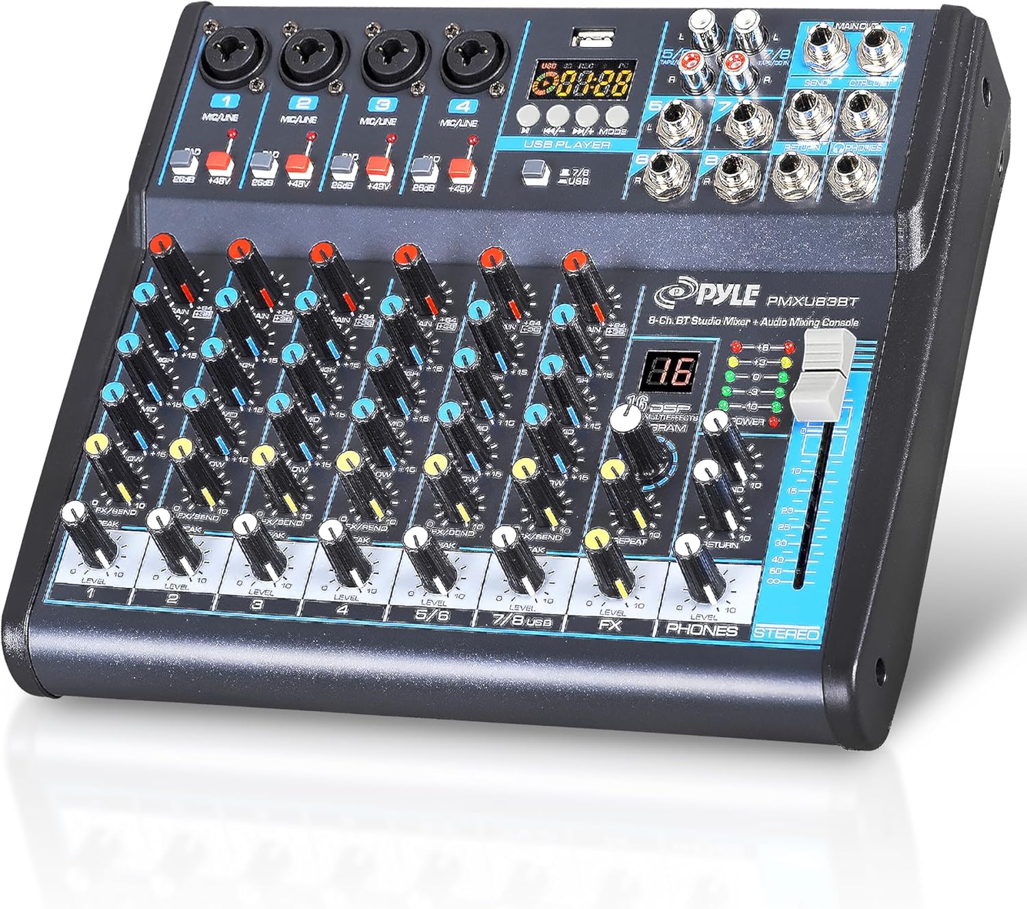 Professional DJ Audio Mixer, 8 Channel Sound Board Console Desk System- 48V Phantom Power Stereo for Recording, Streaming, Podcasting, Karaoke, DJ, Studio, PMXU83BT