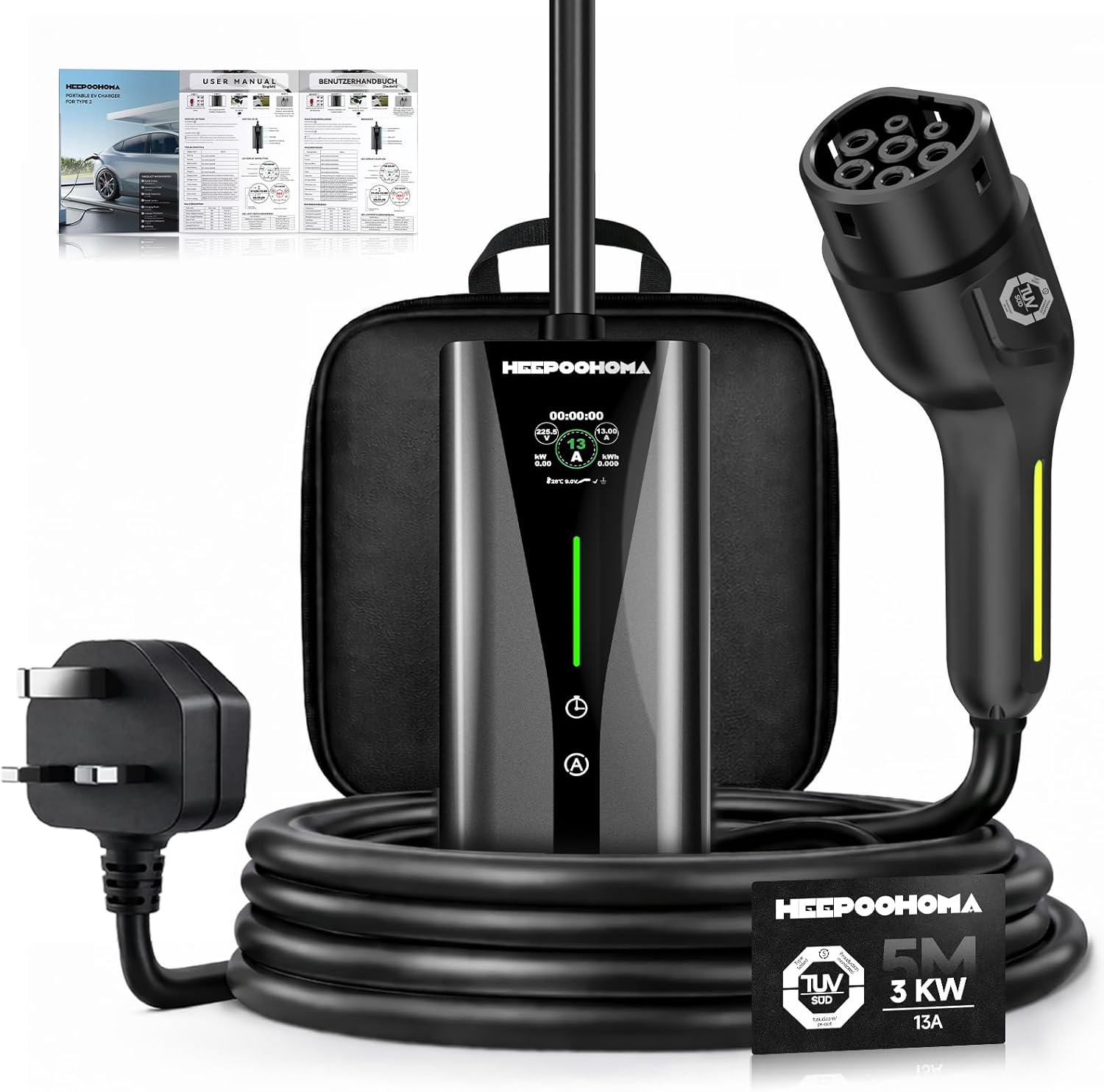 5M 3KW EV Charger, 6-13A, Portable, Type 2 to 3 Pin Plug, up to 12H Delayed Start Charging with 2.4" Screen, IP67 for EVs, Heepoohoma