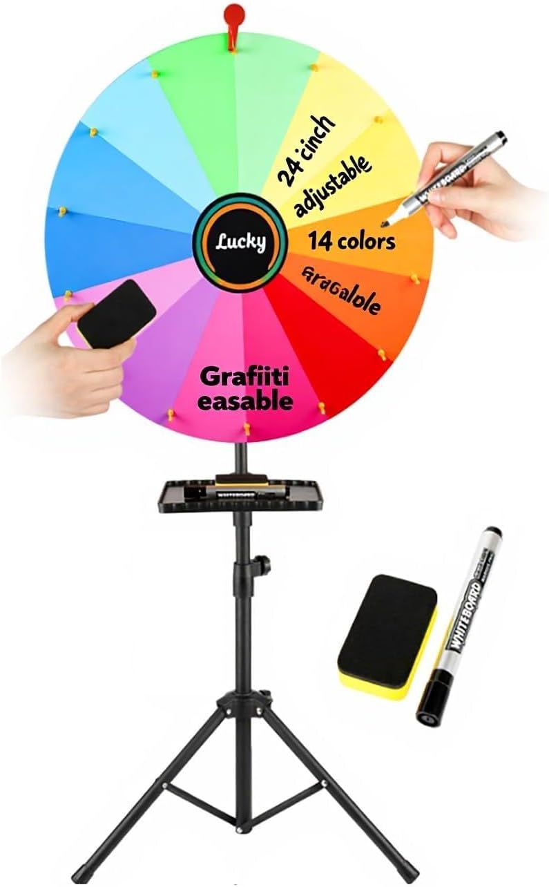 24" Spinning Prize Wheel, 14 Colours, Game Spinner with Erasable Marker, Adjustable 37"-65" Floor Standing