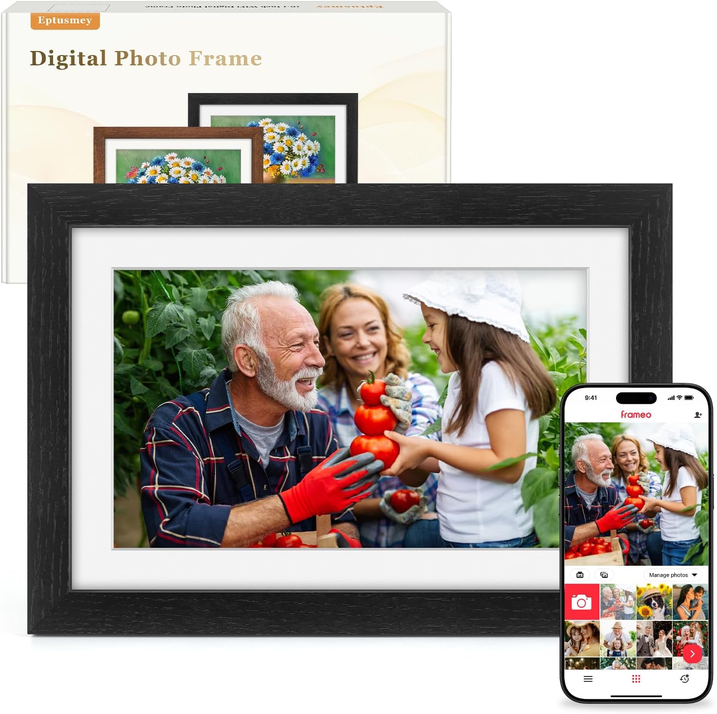 Digital Photo Frame, WiFi, 10.1\" Oak Wood Frame, 1280x800 HD IPS Touchscreen, Built-in 32GB, Auto-Rotate, Share Photos Videos via Frameo APP