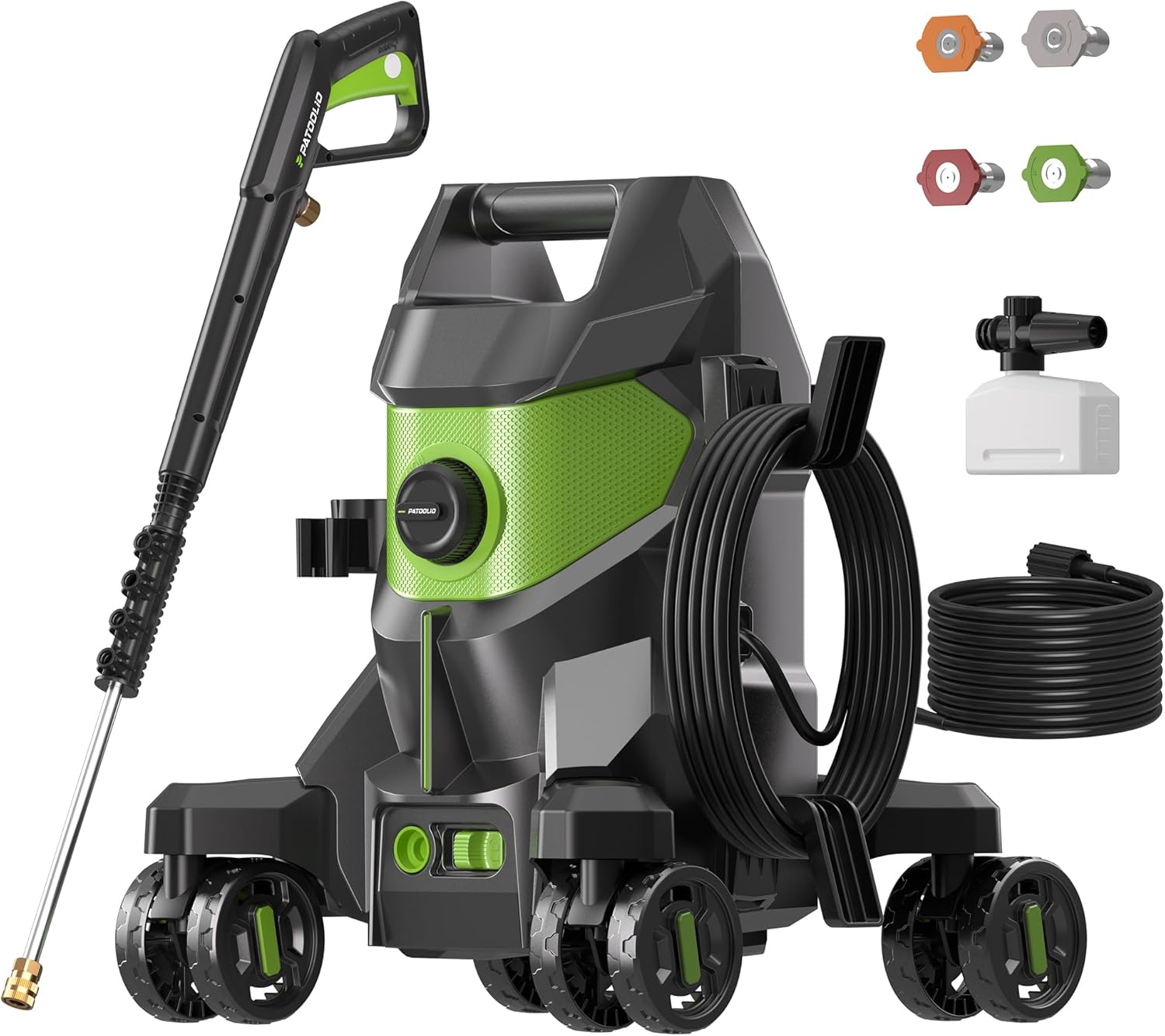 Power Pressure Washer, 2000W, 4 Lockable Wheels, 345 Bar Max 680 L\/H Power Jet Washers with 4 Nozzles, Patoolio
