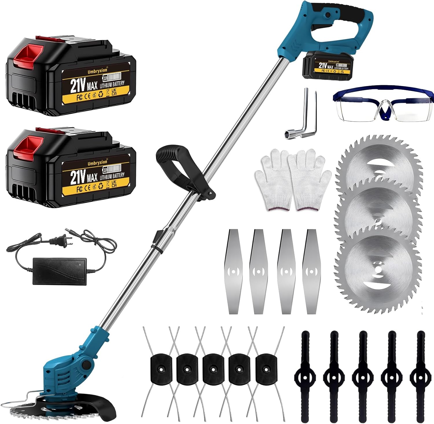 Cordless Grass Strimmer, 21V Electric String Trimmer, 2 x 4000mAh Battery, Ultra-Lightweight ABS Body & Pure Copper Motor, Adjustable Metal Blades, GX-141