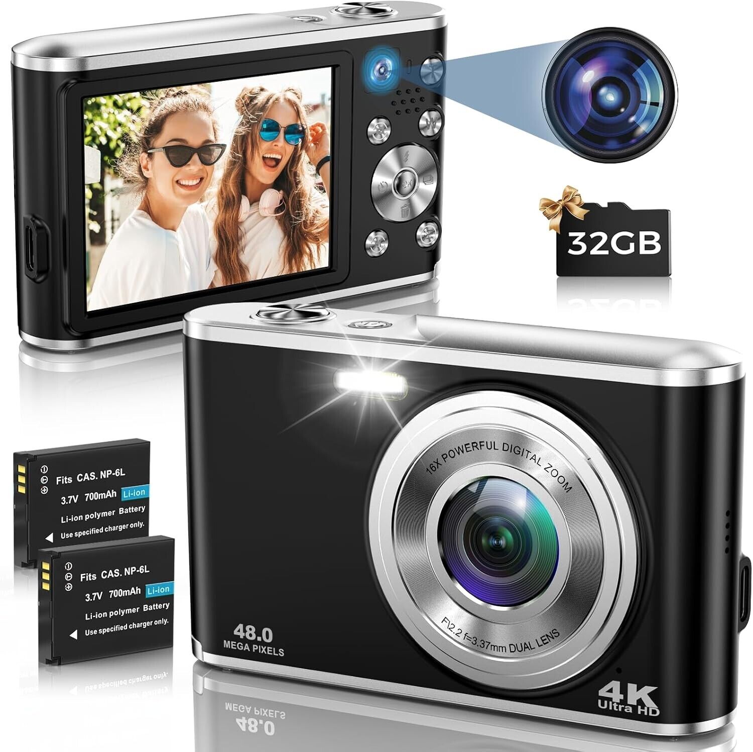 HICSHON 4K Autofocus Digital Camera with 32G Memory Card Front and Rear