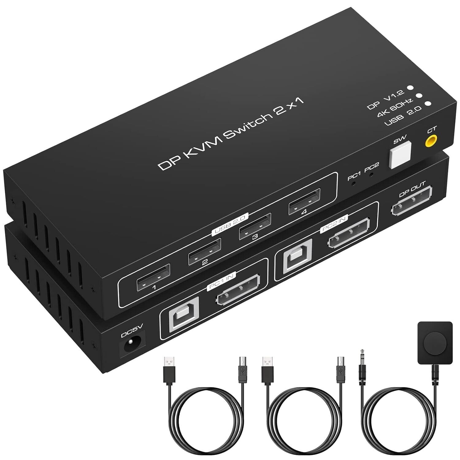 KVM Switch DisplayPort 2 Port 4K 60Hz USB 2.0 DP 1.2 for DP KVM Switches 2 PC 1