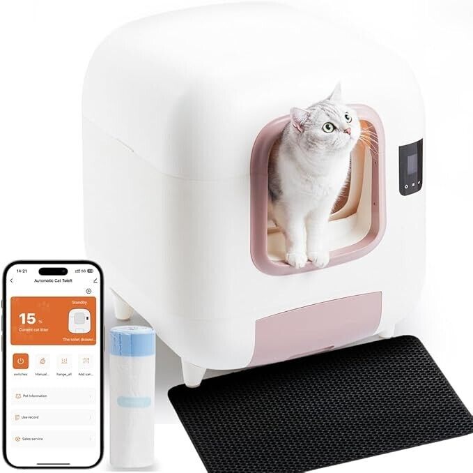 Kalopsia Self Cleaning Cat Litter Tray: 60L Large Cat Litter Box LCD & APP