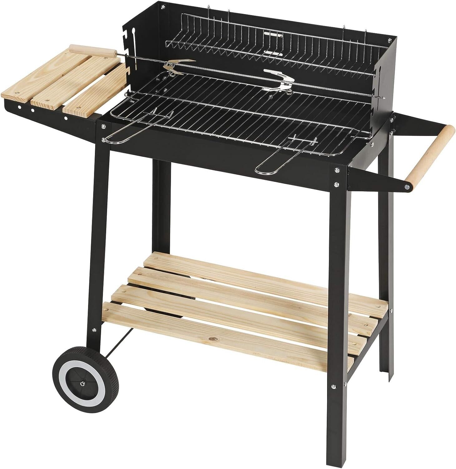 Charcoal BBQ Barbecue Grill Steel Rectangular Trolley For Outdoor Patio Garden