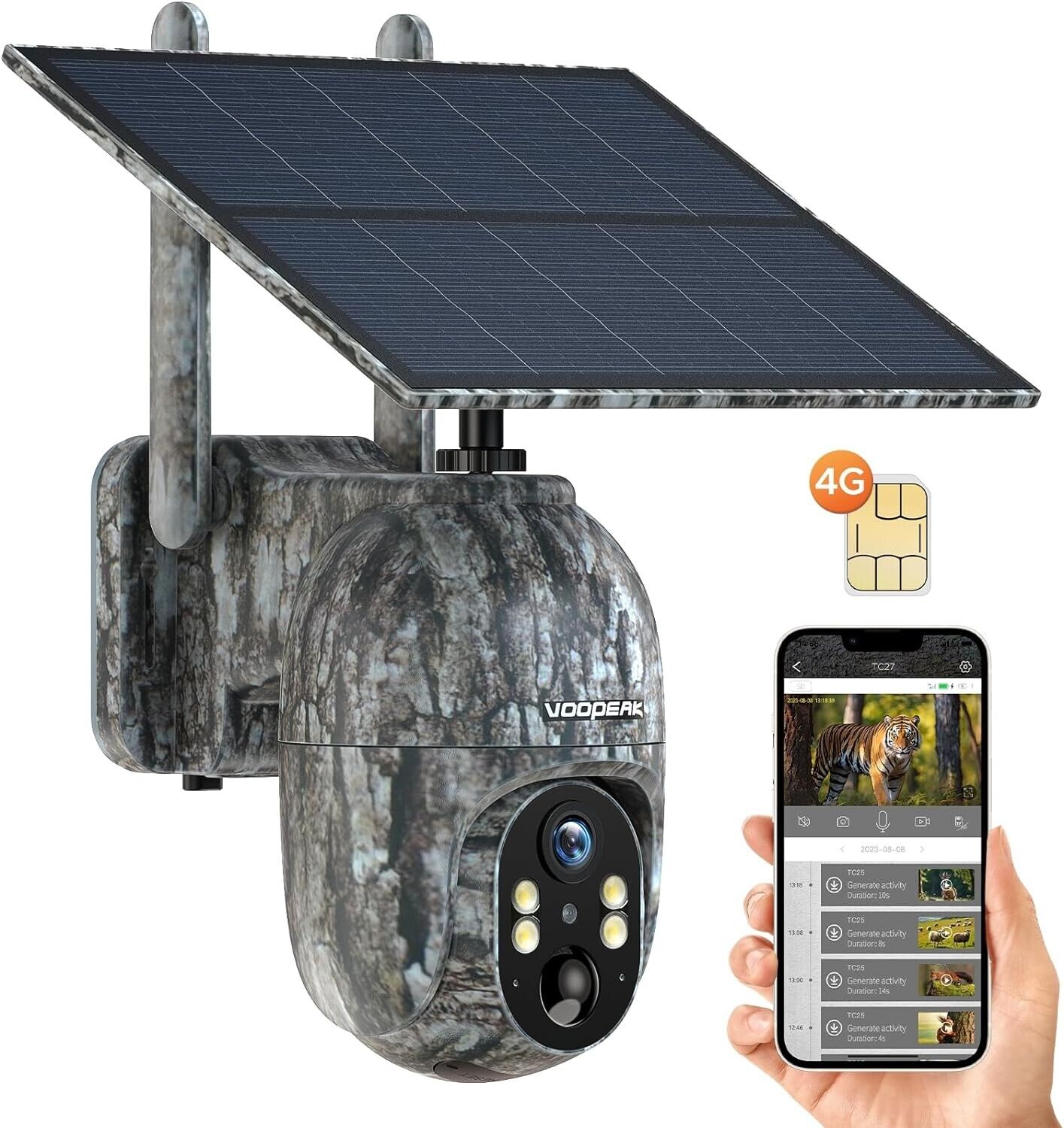 VOOPEAK 4G LTE Cellular Wildlife Camera Solar Powered 2.5K Live Streaming, Pan 355\u00b0Tilt 90\u00b0 Remote Adjustment, 4G Trail Cameras with Night Vision Motion Activated Waterproof