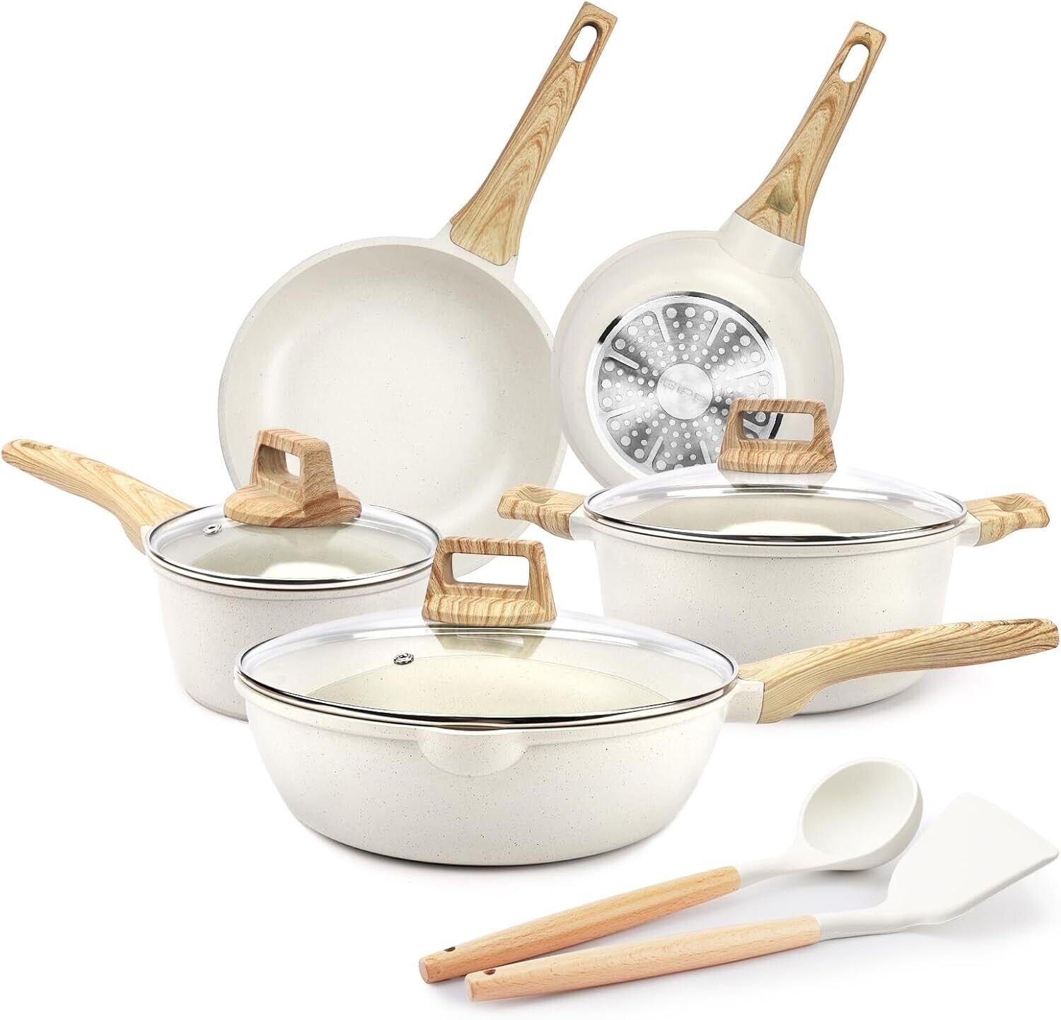 GiPP Pots and Pans Set Non Stick - 10 Piece White Granite Kitchen Cookware Sets