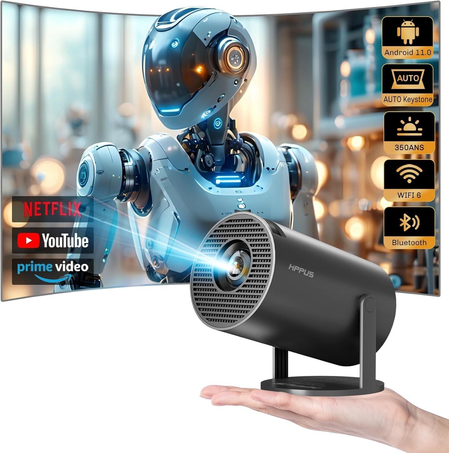 Auto Keystone & Short Throw HIPPUS Mini Projector with 2.4\/5G Wifi and Bluetooth