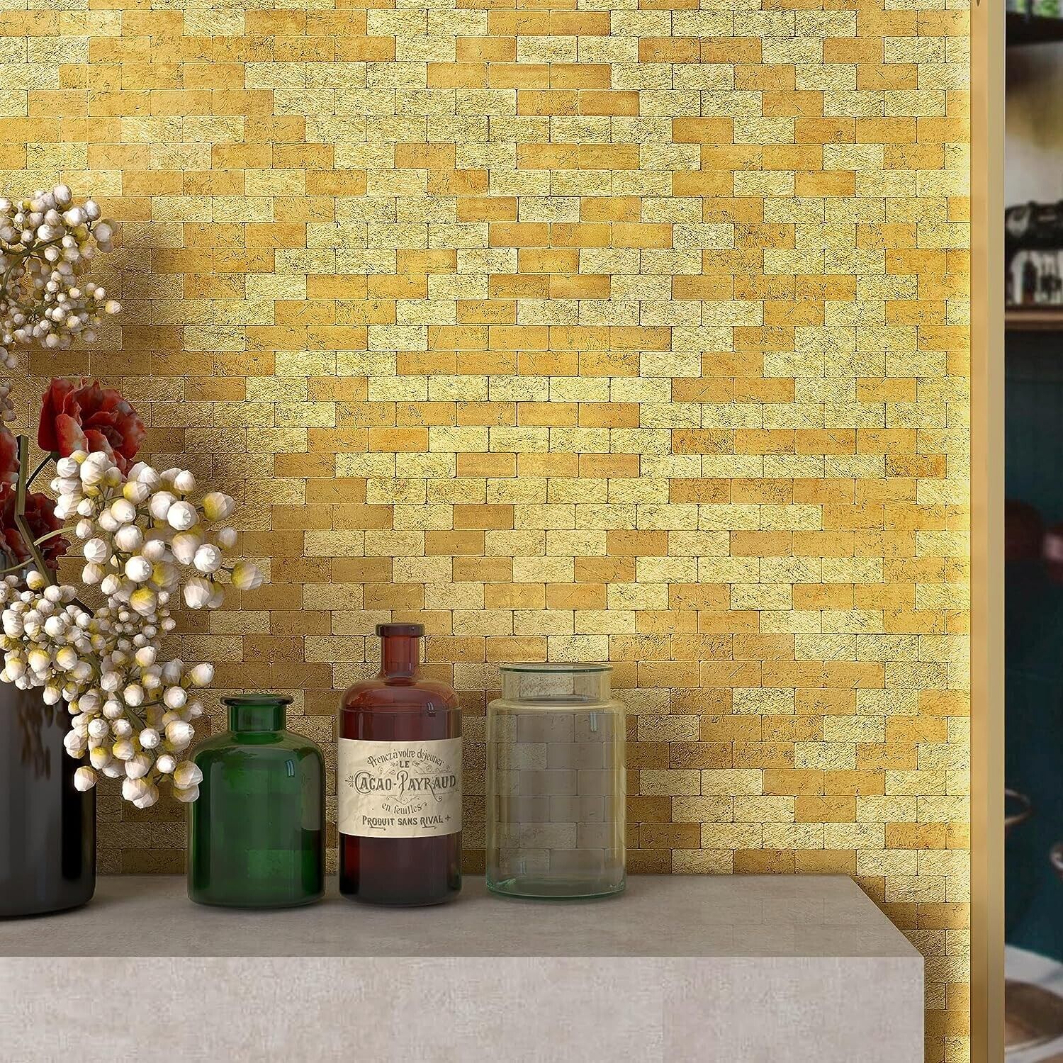 VAOVI Metallic Gold Stick on Tiles Kitchen Splashback