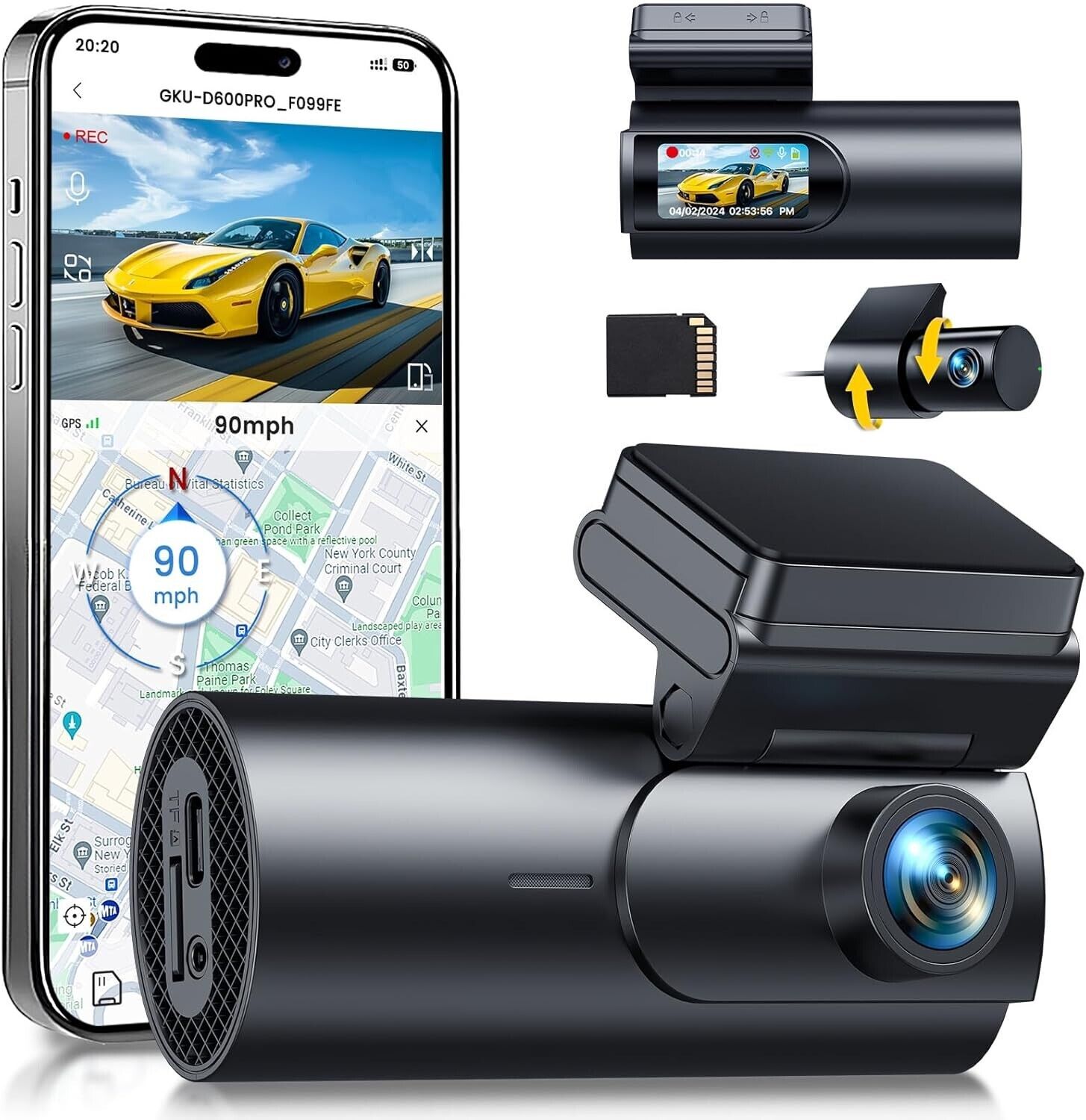 Dual Front Rear Dash Cam, Front and Rear, 5G WiFi & GPS, GKU