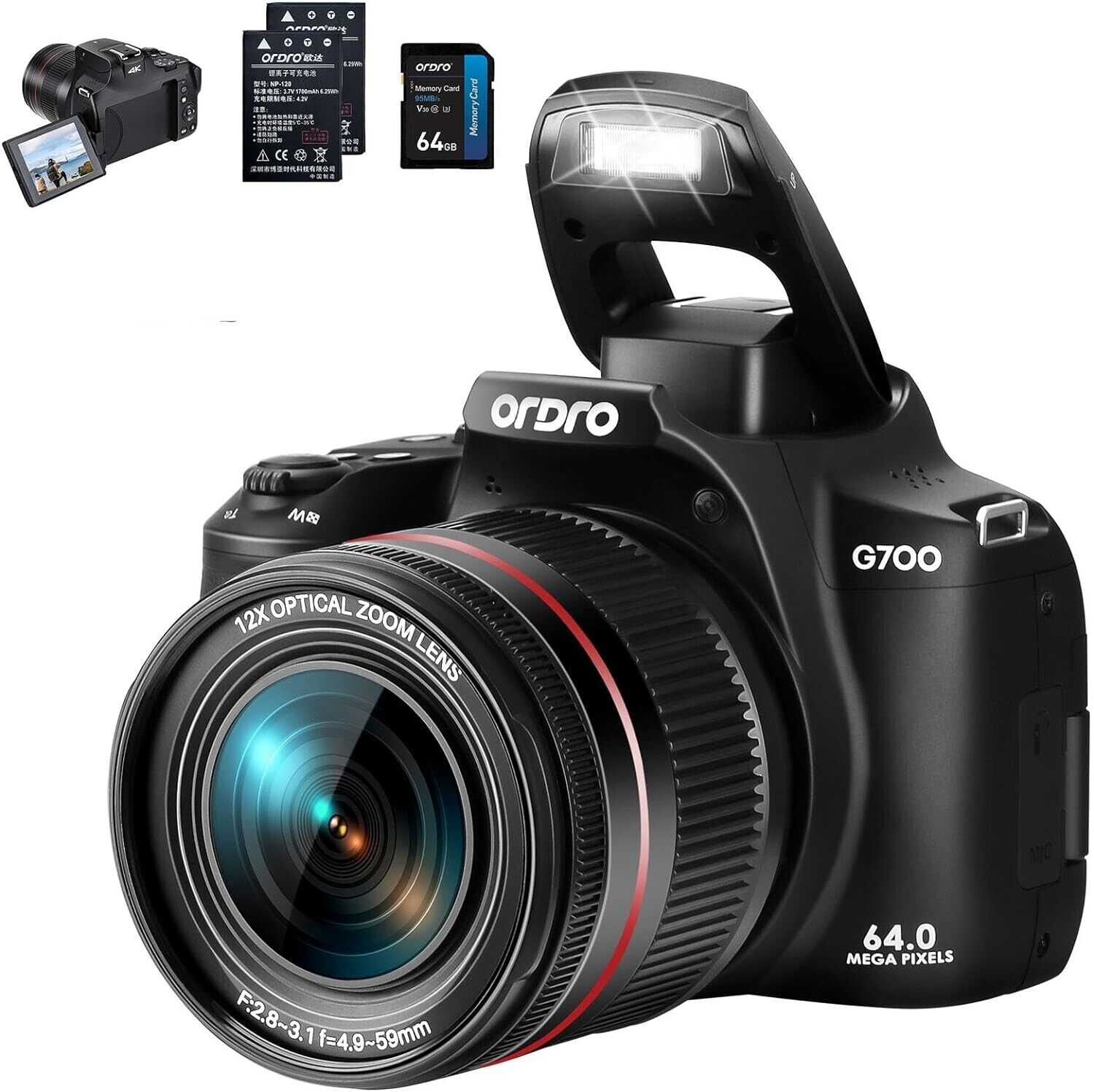 ORDRO G700 DSLR Camera 12X Optical Zoom 64MP Entry Level SLR Camera