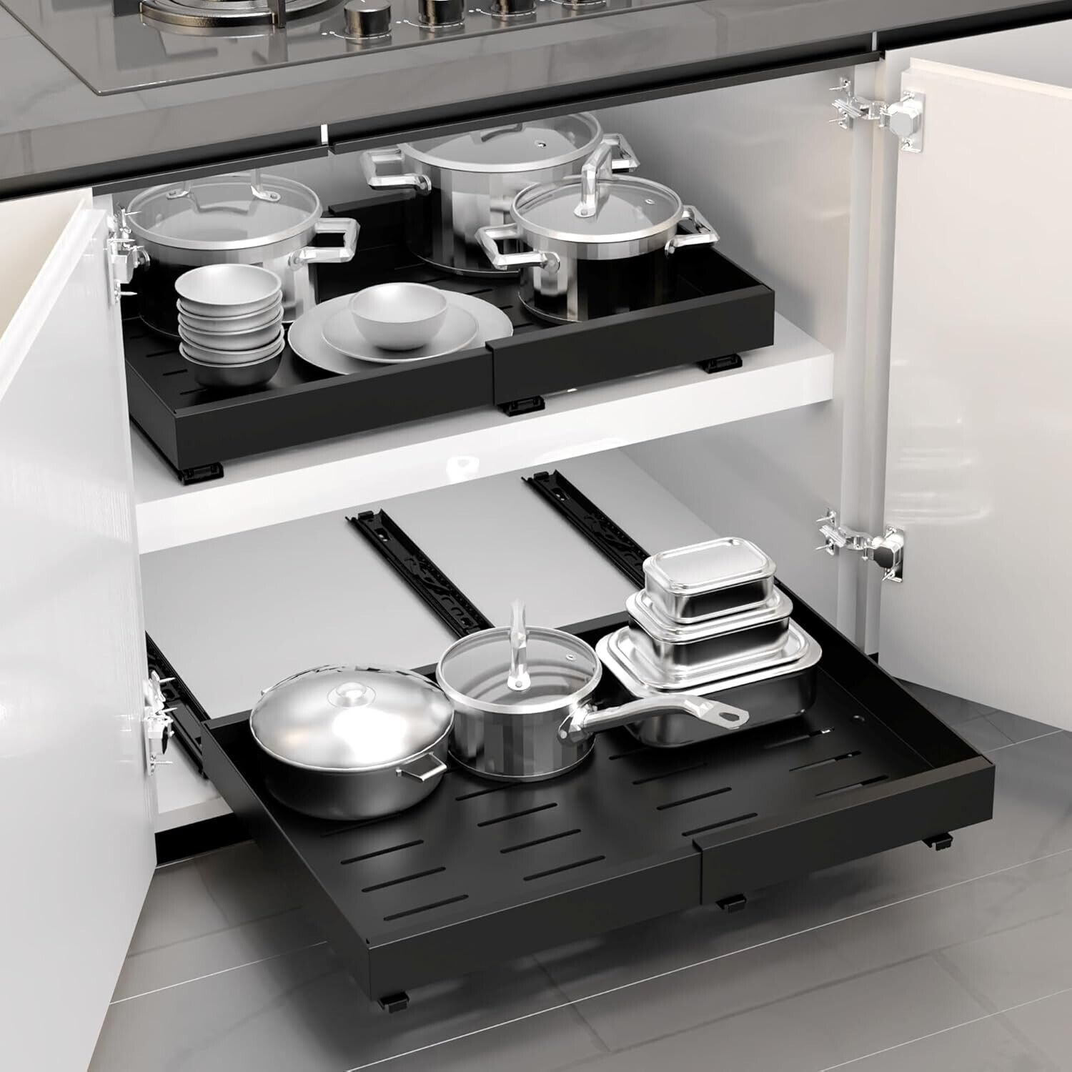 Pull Out Cabinet Organiser - Peel and Stick Sliding Storage Shelf