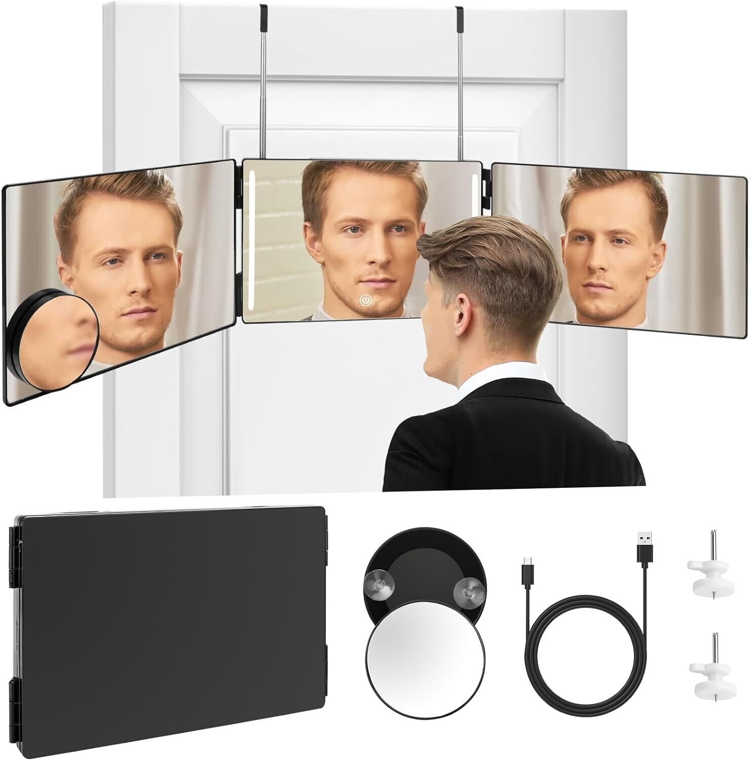 3 Way Mirror with LED Lights, Rechargeable 360\u00b0 Mirror with 10X Magnify