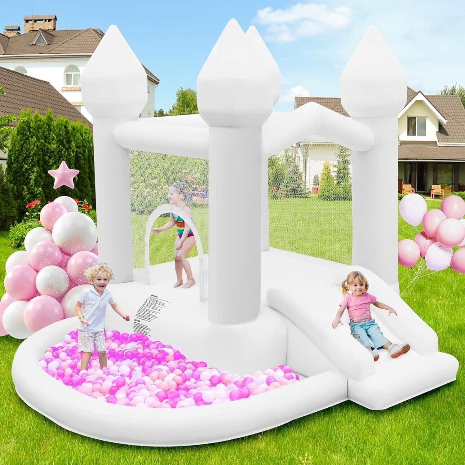 White Bouncy Castle with Slide Ball Pit and Trampoline Inflatable Bounce House