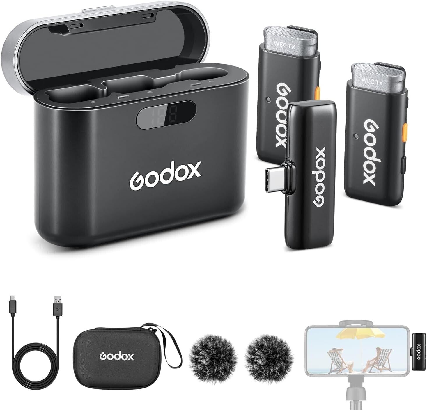 Godox WES2 Kit2 Wireless Lavalier Microphone for Android\/USB C, 8H Battery Life