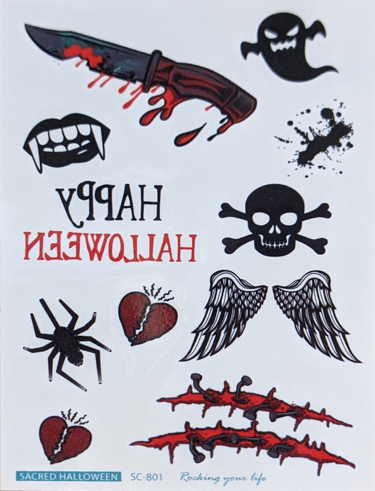 Halloween Temporary Tattoos. 14 sheets Scars 95 pieces, Blood, Gross etc x 4 packs
