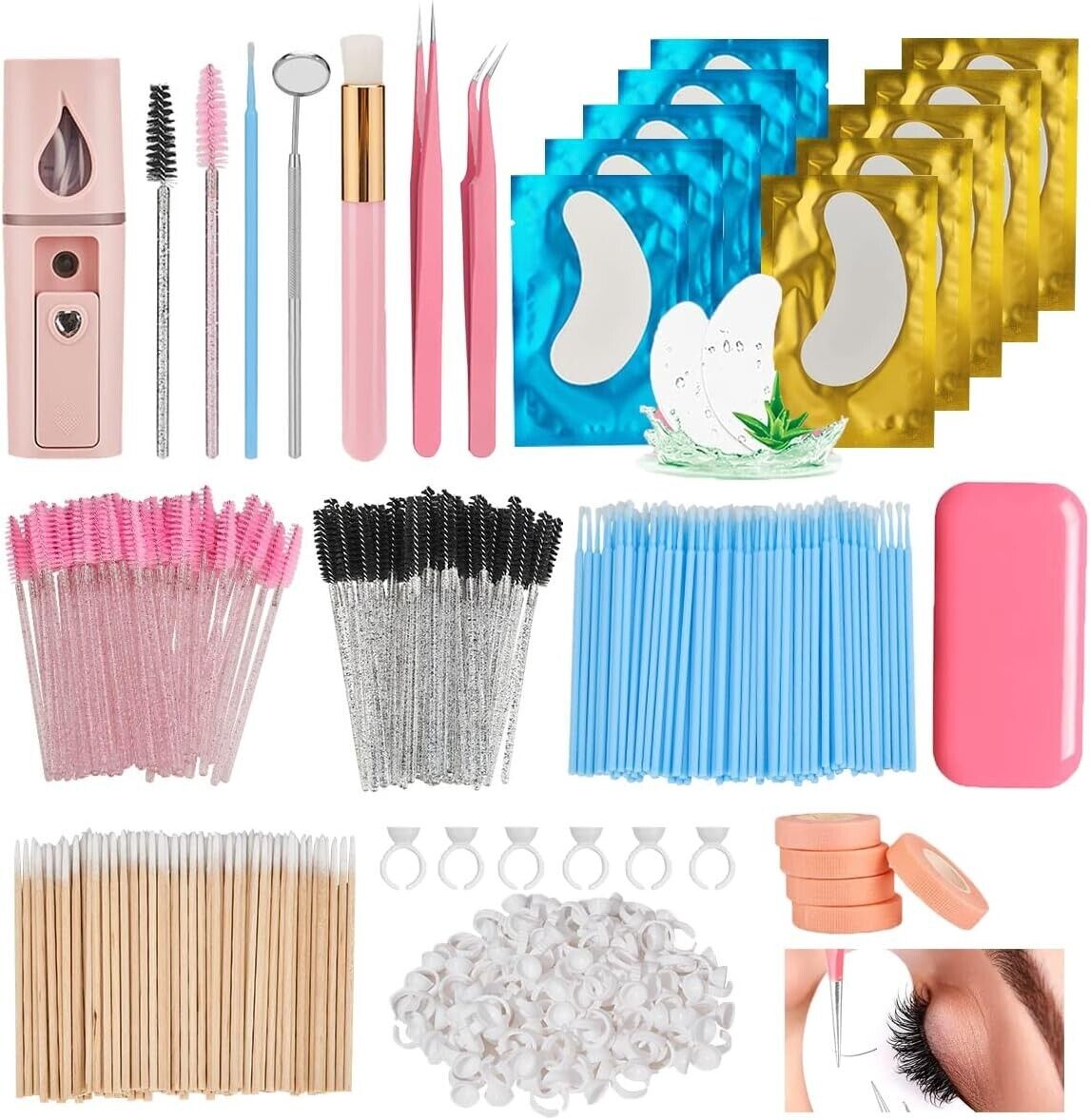 SZCY LLC Eyelash Extension Supplies 1012 Pieces- 100 Eye Gel Patches, 100 Disposable Brushes Wand, 100 Applicators Brush, 200 Glue Ring Holder, 500 Cotton Swabs, 5 Tapes, 2 Tweezers, Eyelash Pad